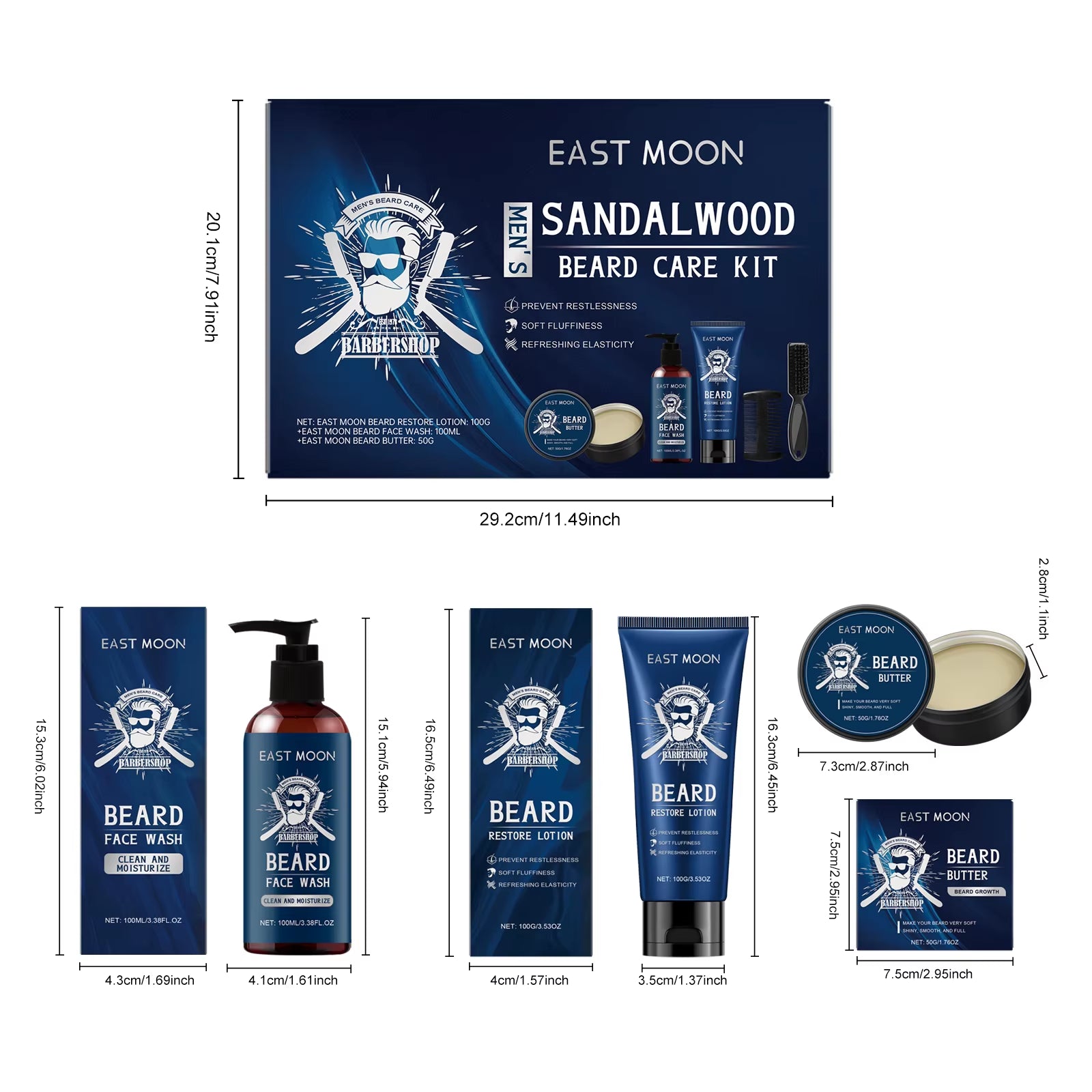 1Set Men Beard Care Kit Sandalwood Fragrance Moustache Growth Moisturizing Cleansing Improve Fluffy Beard Styling Set