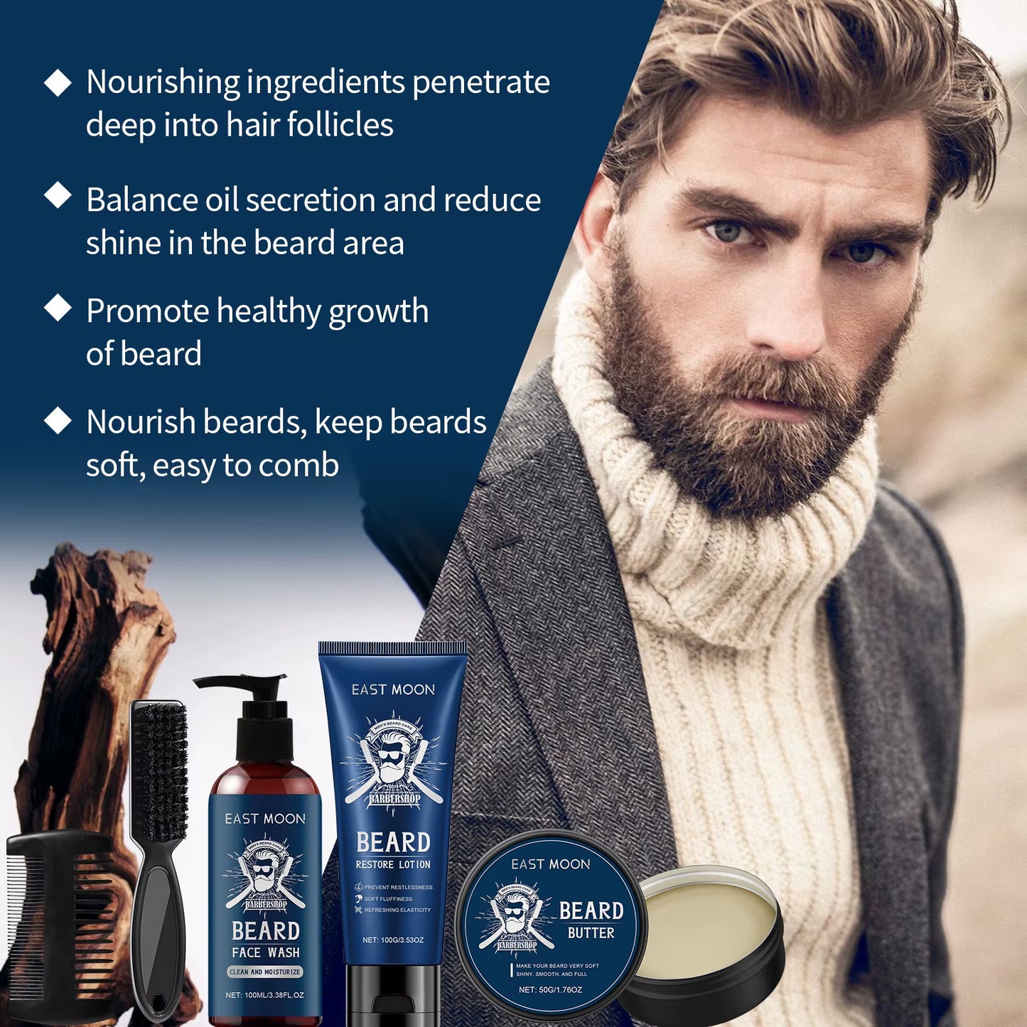1Set Men Beard Care Kit Sandalwood Fragrance Moustache Growth Moisturizing Cleansing Improve Fluffy Beard Styling Set