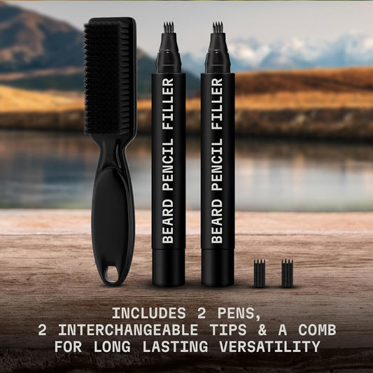 2 Pack Beard Pencil Filler for Men with 4 Tips (Jet Black) - Fill, Shape & Defin